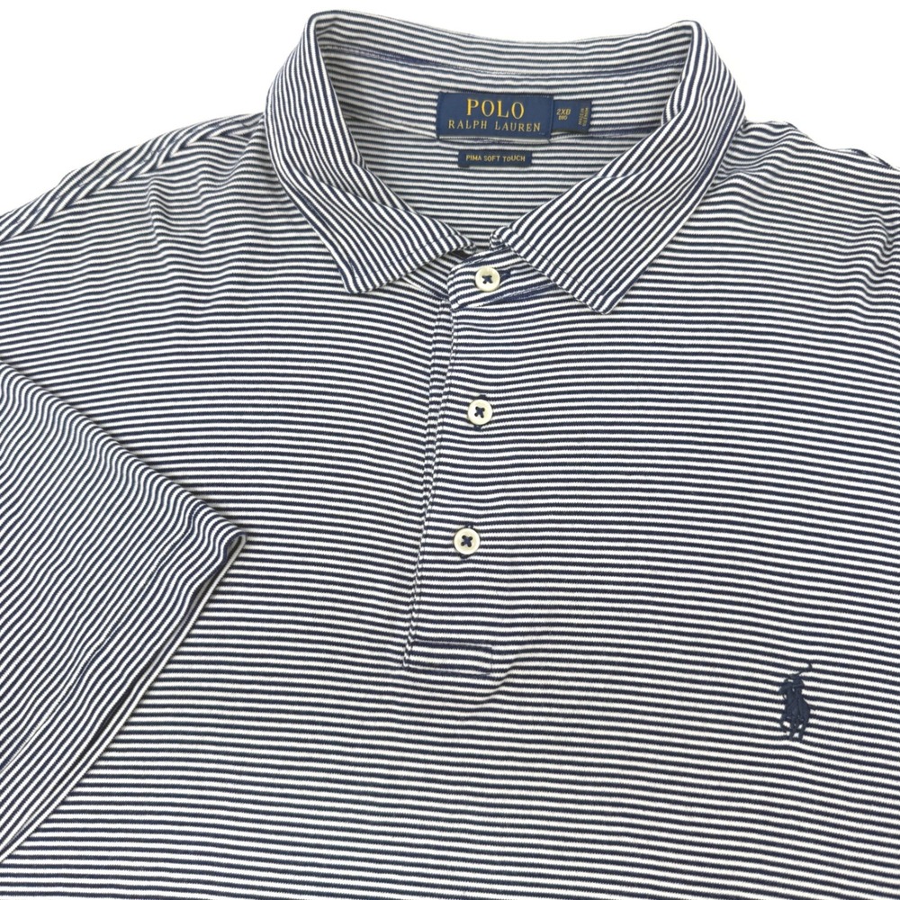 Polo Ralph Lauren Mens 2XB Big Pima Soft Touch Navy White Striped Polo Shirt